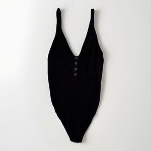 Free People Bodysuit Womens XS Black Larissa V-Neck Partial Button Thong Back